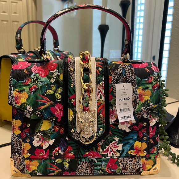 Aldo Baro Tropical Print Top Handle Satchel Bag, Yellow/Multi w/ Crossbody Strap - Picture 6 of 10